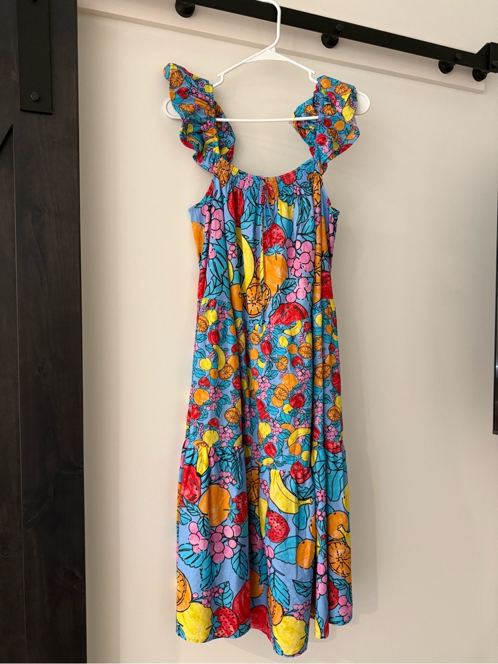 Women’s Blue Tropical Fruit Print Sundress with Ruffle Straps Small